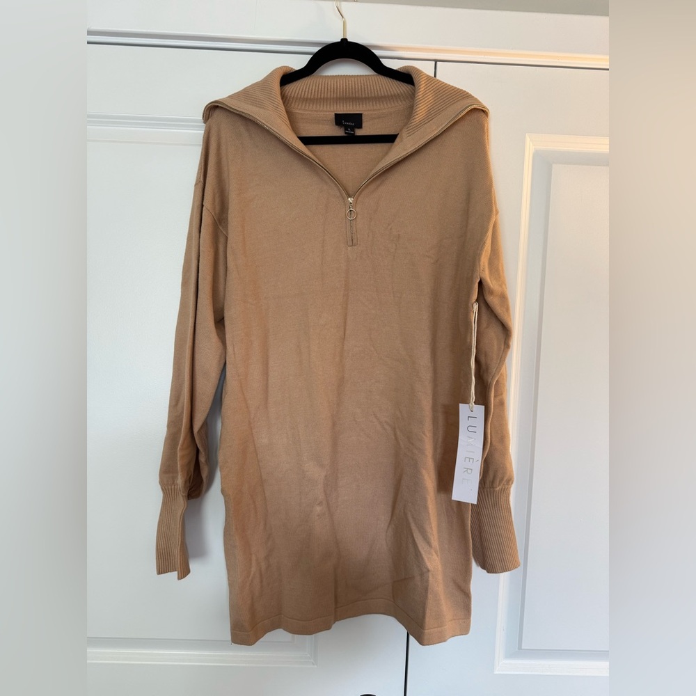 Tan Quarter-Zip Sweater Dress